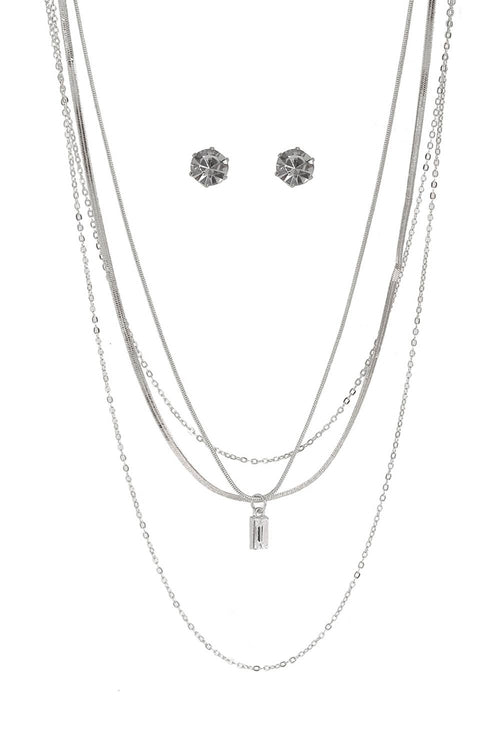 RECTANGLE CLEAR PENDANT LAYERED NECKLACE SET