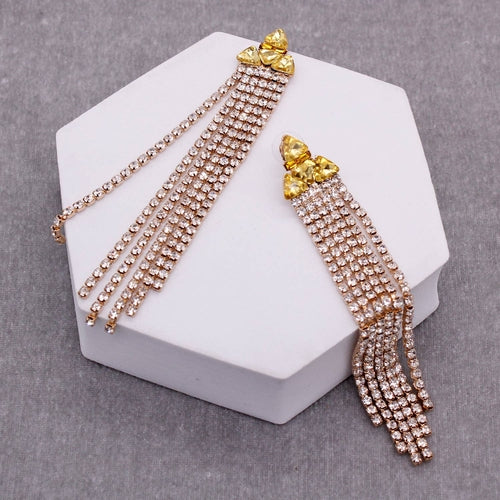 Rhinestone Triangle with Tassel Drop Earrings