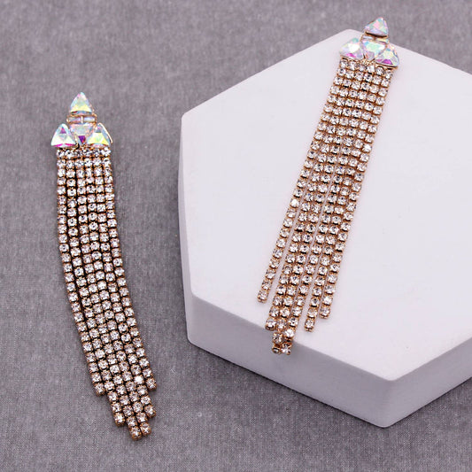 Rhinestone Triangle with Tassel Drop Earrings