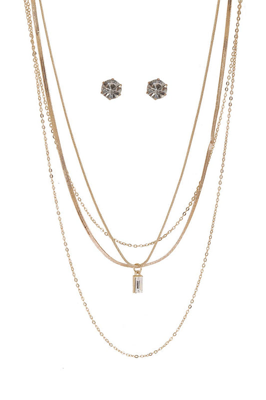 RECTANGLE CLEAR PENDANT LAYERED NECKLACE SET